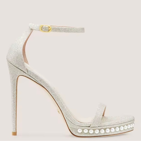 Stuart Weitzman NUDISTDISCO PEARL PLATFORM SANDAL in Platino Gold Size 7 - Picture 2 of 6